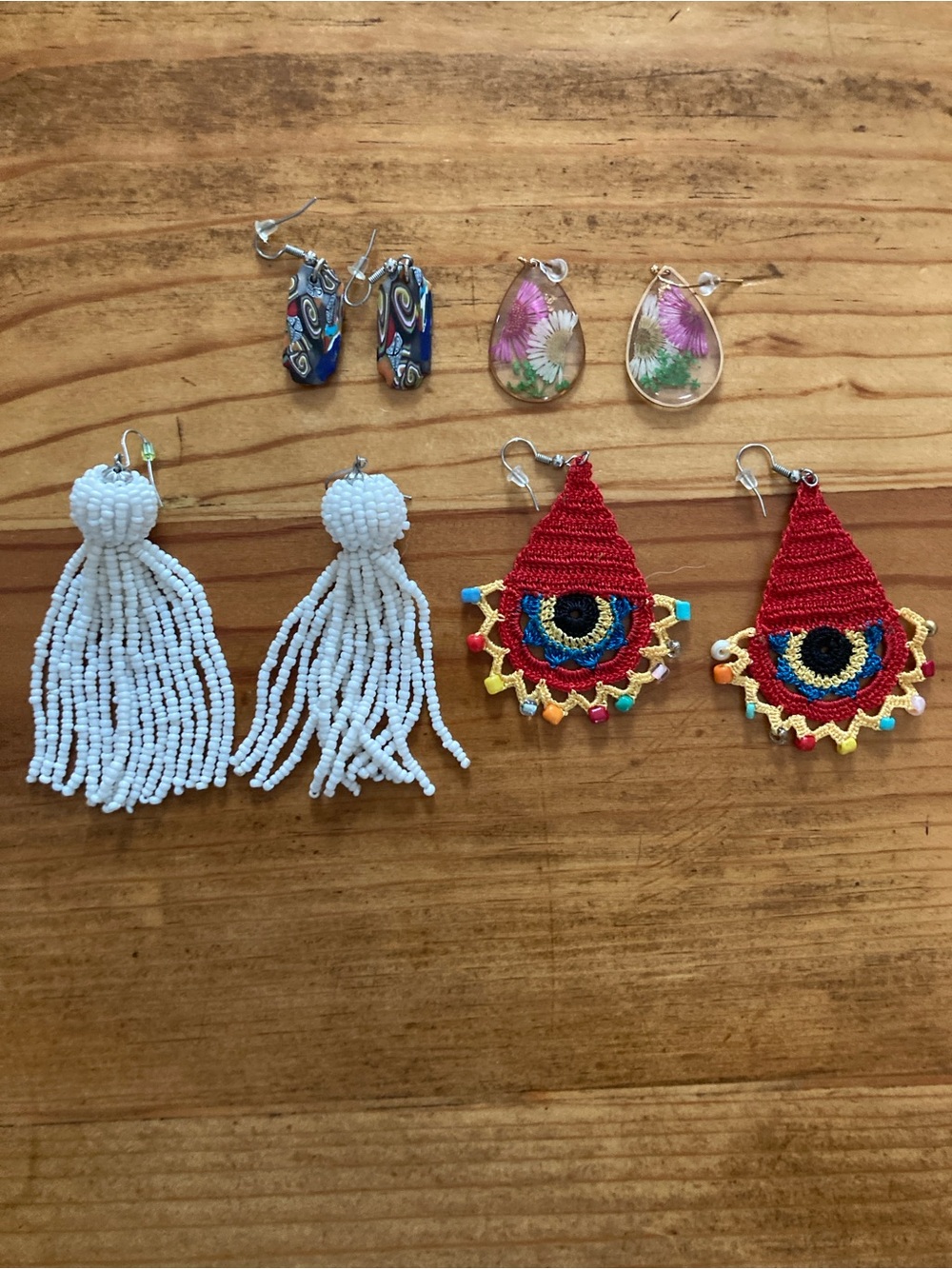 Handmade Red Crochet & White Beaded Kids Earrings Set